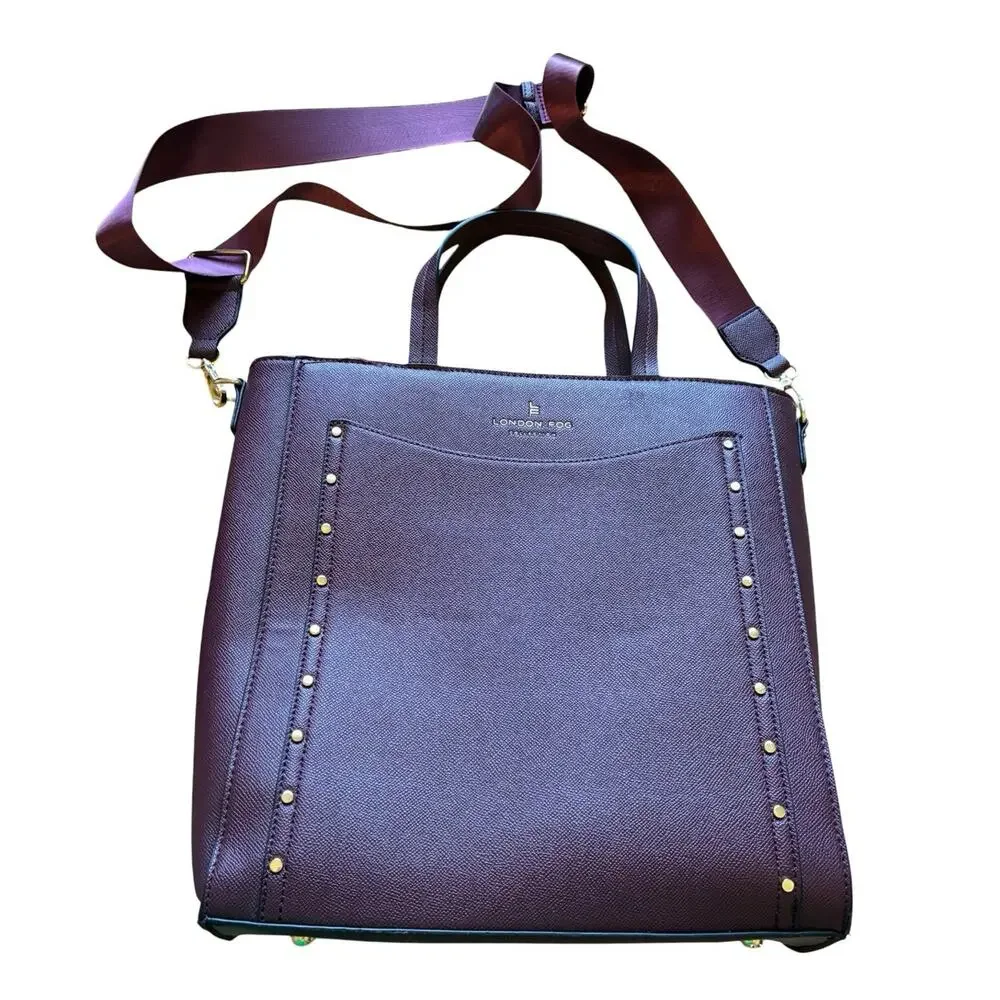 London Fog Sofia Studded Tote Bag & Matching Wallet Plum Burgundy Career Laptop